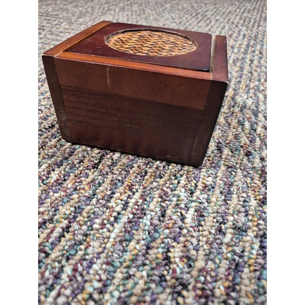 Vintage Wood and Woven Rattan Coaster‎ Set w Matching Holder 6 Piece Boho Decor